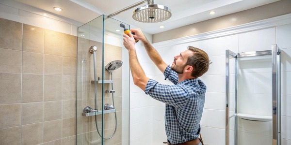 "Instalación de cabezal de ducha en un baño moderno con herramientas