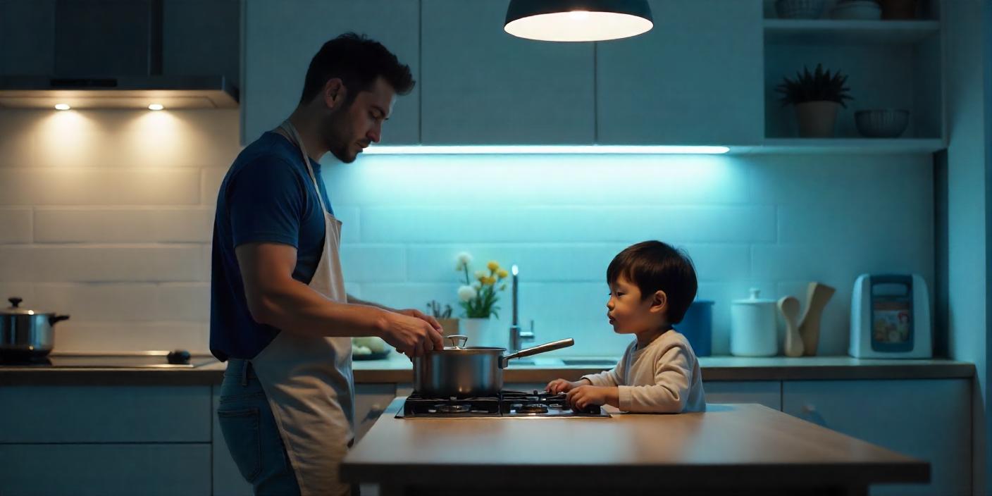 Cocina moderna con iluminación LED fría, padre cocinando con su hijo, ambiente funcional y práctico