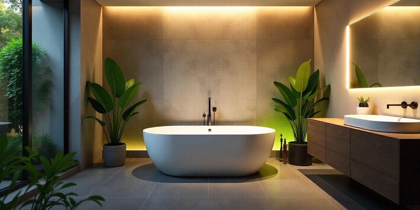 Baño moderno con iluminación LED cálida y neutra, decoración con plantas y espejo iluminado, ambiente relajante y funcional